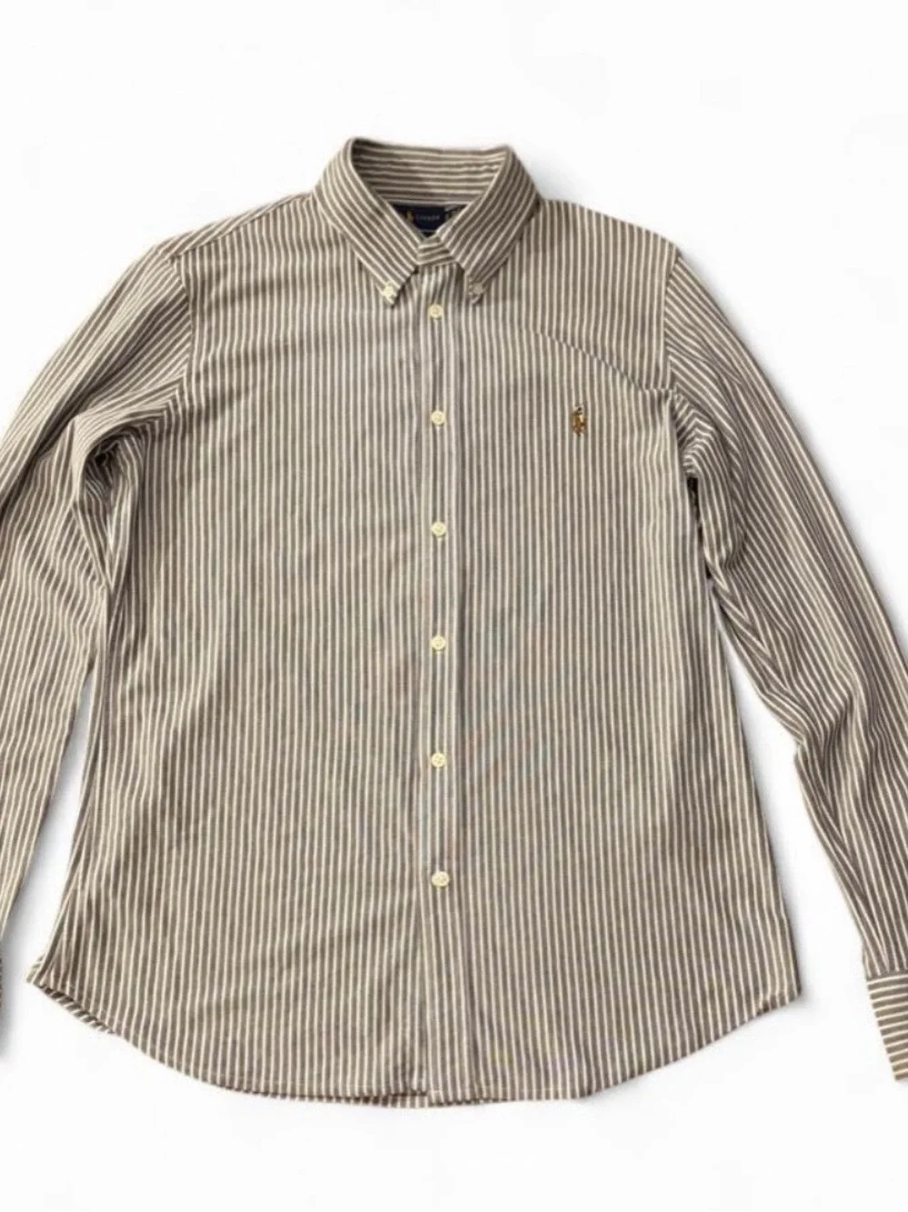 Ralph Lauren Boys XL white and dark gray striped button-up knit oxford shirt